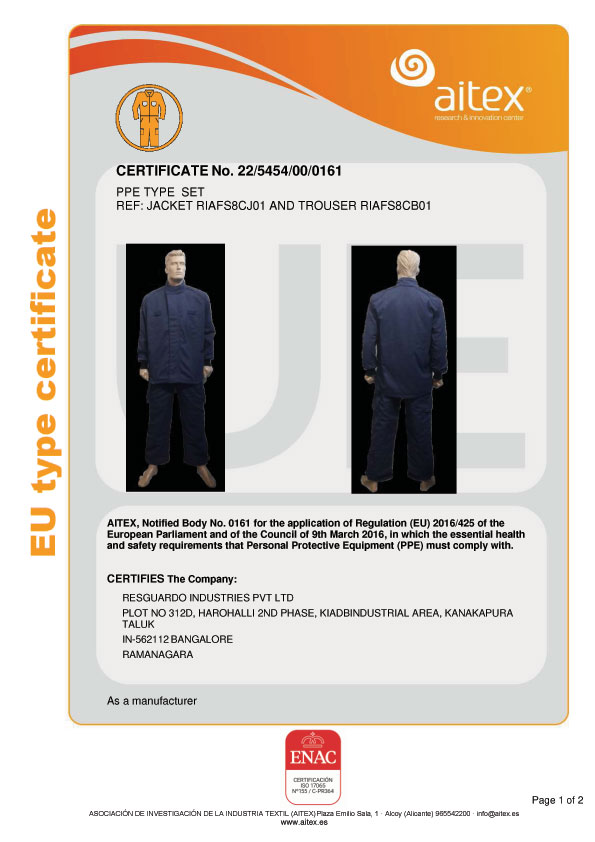 8 Cal Certificate of Arc Flash Suit