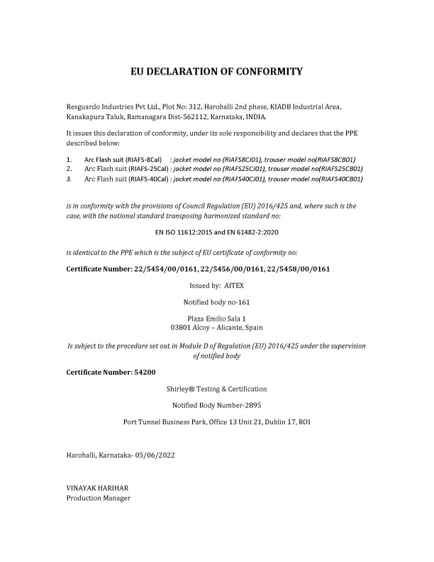 Arc Flash Suit EU Declaration