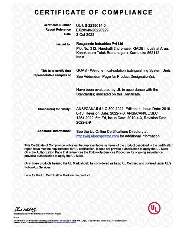 UL Approval of Wet Chemial Certificate